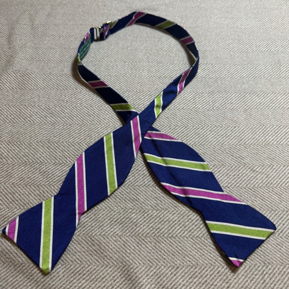 Beau Ties Ltd of Vermont Mens Silk Bow Tie Navy Blue Green Pink Stripe Hand Sewn
